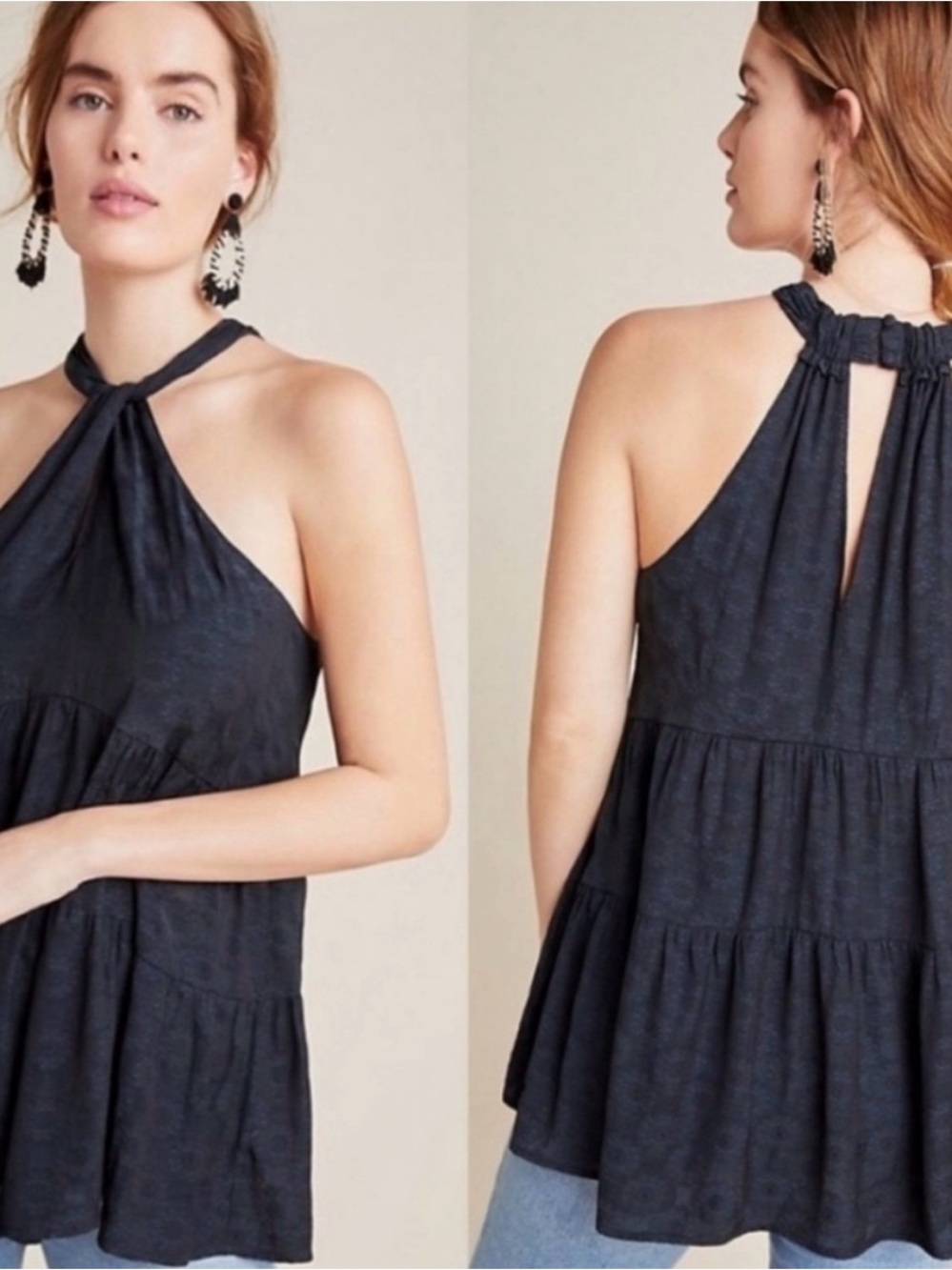 Anthropologie Black Twisted-Halter Tiered Tank